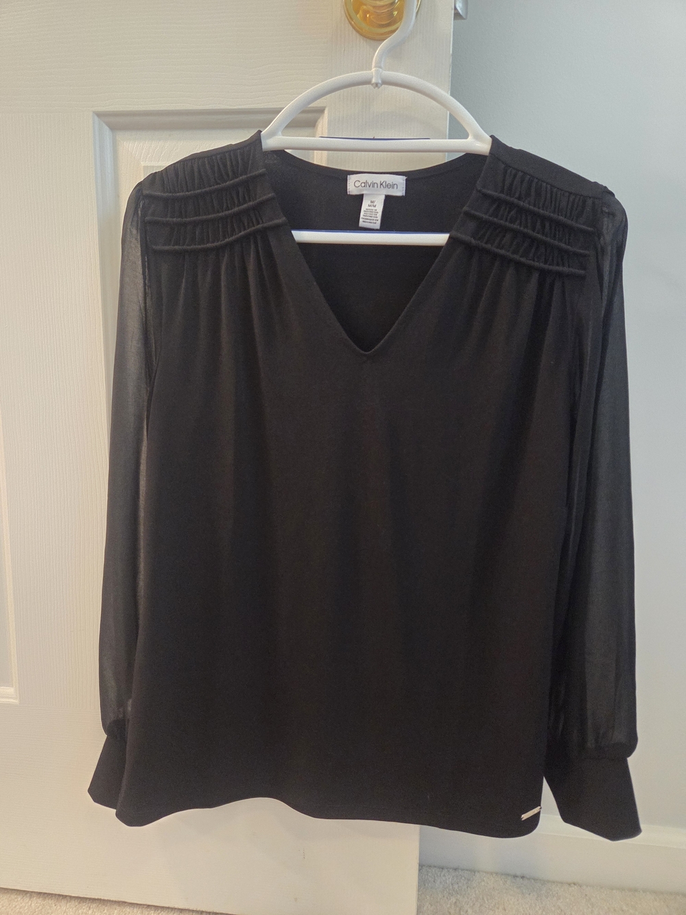 Calvin Klein Black V-Neck Pleated-Shoulder Blouse